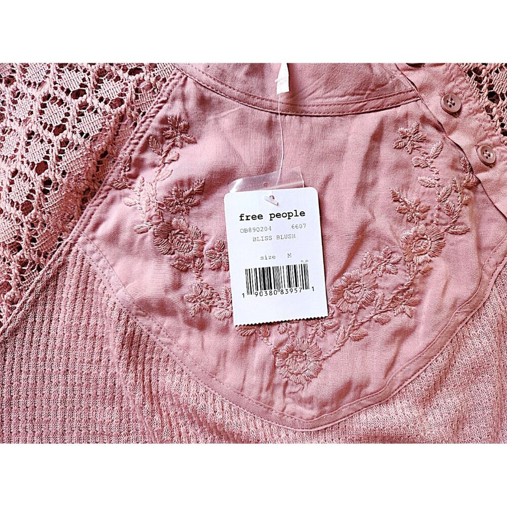 Free People Sweetest Thing Thermal Pink Blush Top Embroidery & Crochet Sz Medium - Picture 7 of 11